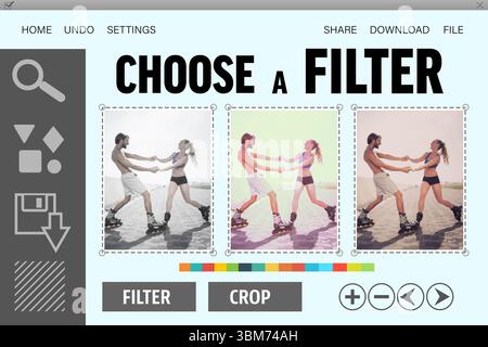 Filter selection interface is showing inline skating couple thumbnails on pale blue flat design Stock Photo