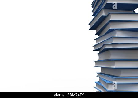 Vertical stack of blue hardcover books is standing on right of blank white backdrop, copy space Stock Photo