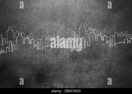 Chalk-like white city skyline is stretching across grey textured surface in flat chalkboard style Stock Photo