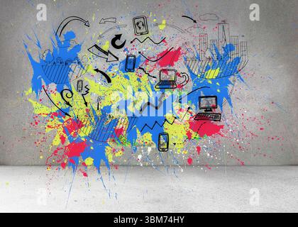 Colorful splashes on grey wall with graphics Stock Photo