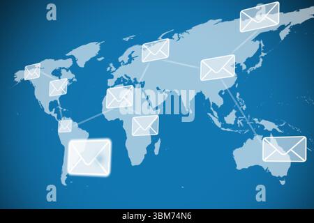 Global email network is connecting white envelope icons over flat design world map, with thin lines Stock Photo