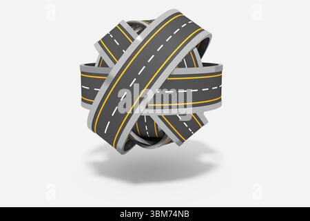 Floating 3D asphalt ribbons knot showing white dashed and yellow lines against light-gray backdrop Stock Photo