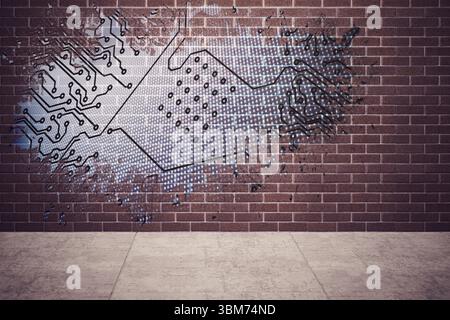 Splash on wall revealing circuit board Stock Photo