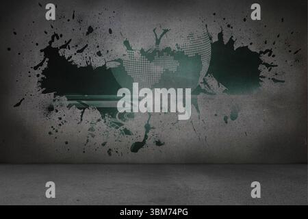 Splash on wall revealing global technology graphic Stock Photo