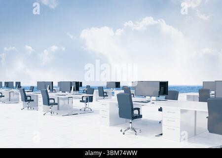 Flat design is showing open-plan office with white desks, black chairs, monitors, ocean view Stock Photo