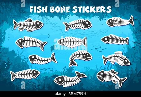 Fish bone skeleton silhouettes stickers pack. Dead underwater animals, fishing and, seafood waste monochrome vector stickers collection. Fish skeleton bones, ocean algae and seaweed plant background Stock Vector