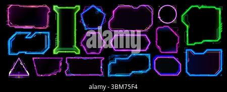 Neon game frames asset, HUD interface overlay templates vector set. Futuristic glowing cyberpunk borders. Callout titles, information call boxes in digital modern scifi and high tech holographic style Stock Vector
