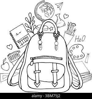 Back to school line drawing. Hand drawn black graphics. Composition of school items in doodle style backpack and school supplies. For design of Stock Vector