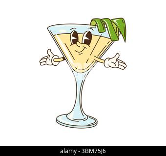 Groovy daiquiri cocktail glass cute character. Tropical cocktail glass with citrus juice, lime lemon peel spiral isolated vector personage. Daiquiri cocktail, bar alcohol drink groovy character Stock Vector