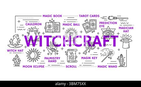 Witchcraft and magic icons. Mystery esoteric symbols. Witch cauldron, broom and hat, magic spell book, tarot cards, wizard wand, witchcraft ancient scroll and prediction eye outline icons or signs Stock Vector