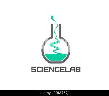 Science lab icon with green liquid in glass flask. Biotechnology innovation company, science research startup or biology experiment graphic emblem with chemical laboratory flask and green liquid vapor Stock Vector
