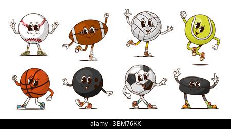 Football ball groovy characters set isolated on white background ...
