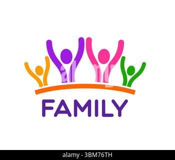 Family icon features colorful abstract figures with hands up representing unity, togetherness and joyful connection. Vector emblem showcases shared love, care and love for family childcare or services Stock Vector