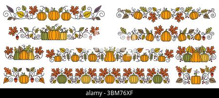 Ornate thanksgiving pumpkin and harvest dividers borders. Cartoon vector trims with fall leaves, acorns, berries and curly vines. Autumn decorative elements for seasonal holiday greeting or invitation Stock Vector