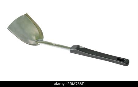 One metal spatula or kitchen utensil with black handle is isolated on white background with clipping path. Stock Photo