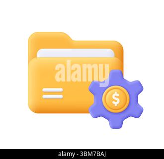 Yellow folder with a purple gear and a dollar coin symbol. Financial settings or configuration. Finance management, investment portfolio concept. 3d v Stock Vector