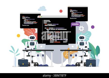 Androids programmer writing code on laptop together. Vector illustration Stock Vector