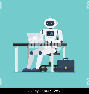 Robot is working on a laptop computer at office desk. Vector illustration Stock Vector