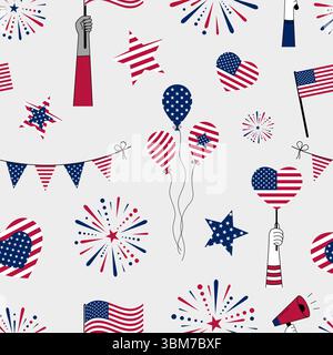 Seamless pattern with American flags, balloons, garlands, stars, hearts, and diverse hands holding flags and a megaphone. Stock Vector