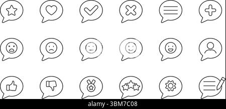 Speech Bubble Icon Set With Various Symbols. Communication, Feedback, And Interaction Outline Icon Collection. Includes Emotions, Ratings. Editable Stock Vector