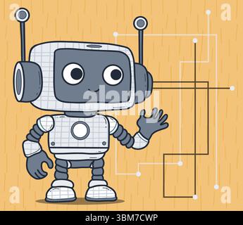 Futuristic Cute little robot Robot toy. Technology Assistant mascot. Vector illustration. Kids collection. Not AI. Stock Vector