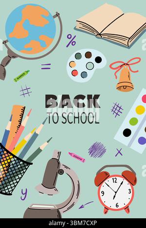 Vertical poster with hand drawn school supplies  Stock Vector