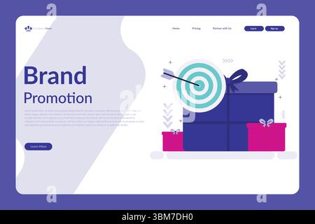Vector illustration of a brand promotion web page with gift boxes, bullseye target, and modern blue and white marketing layout Stock Vector