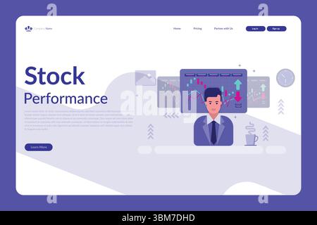Vector illustration of a stock performance web page with business professional, trend arrows, and charts in a blue and purple layout Stock Vector