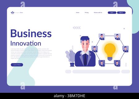 Vector illustration of a business innovation web page with central figure, lightbulb, and connected faces in a blue and white layout Stock Vector