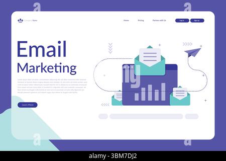 Vector illustration of an email marketing landing page with envelopes, bar graphs, and paper airplane in a modern purple and teal layout Stock Vector