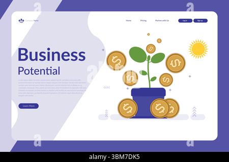 Vector illustration of a business potential web page with potted plant, dollar coins, sun icon, and blue-white layout with gold accents Stock Vector