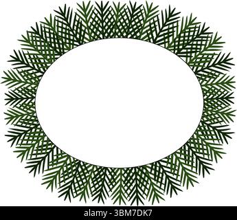 Spruce wreath pine tree branch oval Frame template. Vector graphic line ink illustration. Silhouette sign for logo, print, comics, fashion, pop art, b Stock Vector