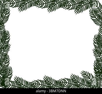 Spruce tree branches rectangle Frame template. Vector graphic line ink illustration. Silhouette sign for logo, print, comics, fashion, pop art, boards Stock Vector