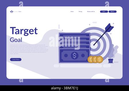 Vector illustration of a financial web page with target goal text, money stack, coins, and dart hitting bullseye in purple theme Stock Vector