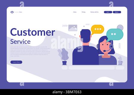 Vector illustration of a customer service concept with headset figure, speech bubbles, and a modern office-themed website layout Stock Vector