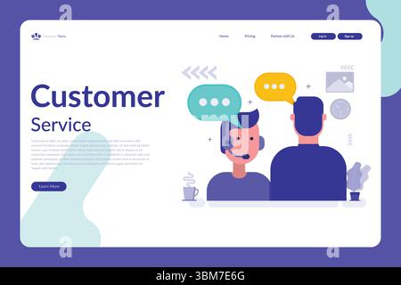 Vector illustration of a customer service concept with headset figure, speech bubbles, and a modern office-themed website layout Stock Vector