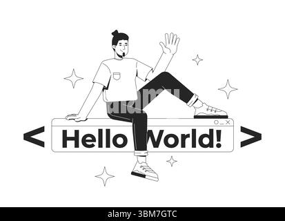 Developer over hello world text banner line illustration concept Stock Vector