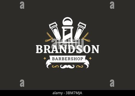 Elegant barber shop logo featuring a barber pole, trimmers, razor, and mustache, set against a dark background. Perfect for grooming services, vintage Stock Vector