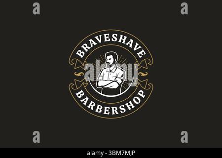 Classic retro barbershop emblem featuring a strong male barber with crossed arms, elegant design elements, and banner text for modern grooming and pro Stock Vector