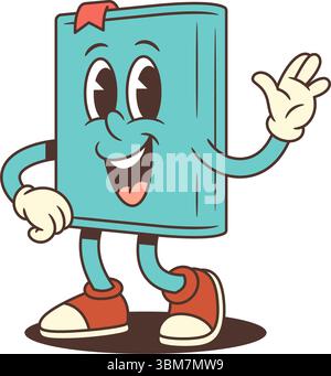 Funny blue cartoon book mascot smiling cheerfully and waving hand in a welcoming gesture. Friendly and expressive character design with joyful emotion Stock Vector
