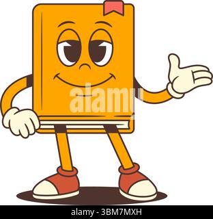Happy orange cartoon book mascot character with relaxed smile and welcoming hand gesture. Cheerful and cute design with friendly attitude and expressi Stock Vector