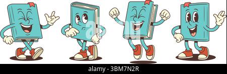 A blue book mascot character performing funny actions including laughing with ILY hand gesture, thoughtful pose, jumping with eyes closed happily, and Stock Vector