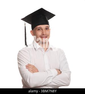 Happy student with crossed arms after graduation on white background ...
