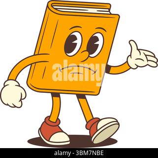 Orange cartoon book mascot with sad and disappointed face shrugging hands to express failure, confusion, or helplessness in educational or learning co Stock Vector