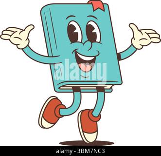 Happy blue cartoon book mascot with red bookmark and sneakers jumping with open arms in joyful friendly gesture. Perfect for educational and fun desig Stock Vector