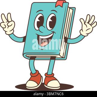 Smiling blue book mascot cheerfully standing while waving hands and showing a victory sign. Perfect design for educational and promotional projects. F Stock Vector