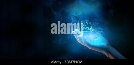 DevOps Concept: Integrating Development and Operations for Efficient Software Delivery Illustrated on a Processor Touched by a Human Hand. Stock Photo