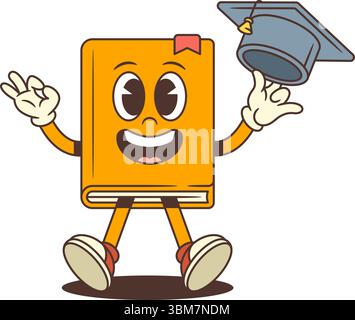 Orange cartoon book mascot wearing academic cap, joyfully waving graduation hat and showing ok hand sign, symbolizing celebration, education, and know Stock Vector