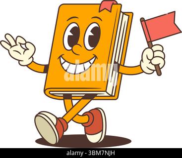 Bright orange cartoon book mascot walking forward while holding a red flag and making an OK gesture with a happy expression. Educational and playful d Stock Vector