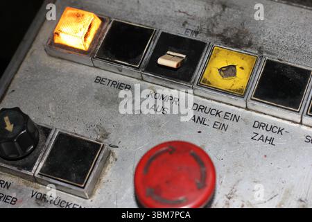 Vintage Newspaper Printing Machine Control Buttons Close-Up Stock Photo
